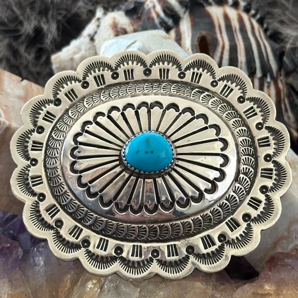 Turquoise native Concho sterling silver belt buckle NEW - Picture 2 of 8